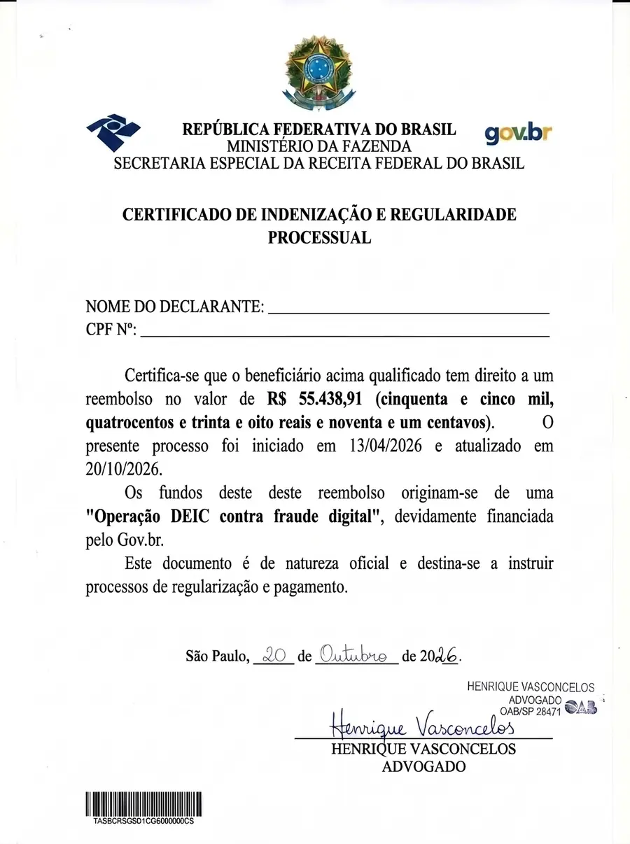 Certificado de Indenização e Regularidade Processual, emitido pela Secretaria Especial da Receita Federal do Brasil